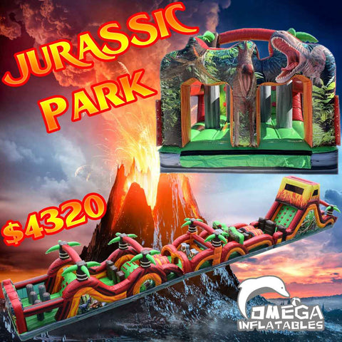 100FT Jurassic Park Inflatable Obstacle Course | Omega Inflatables Factory